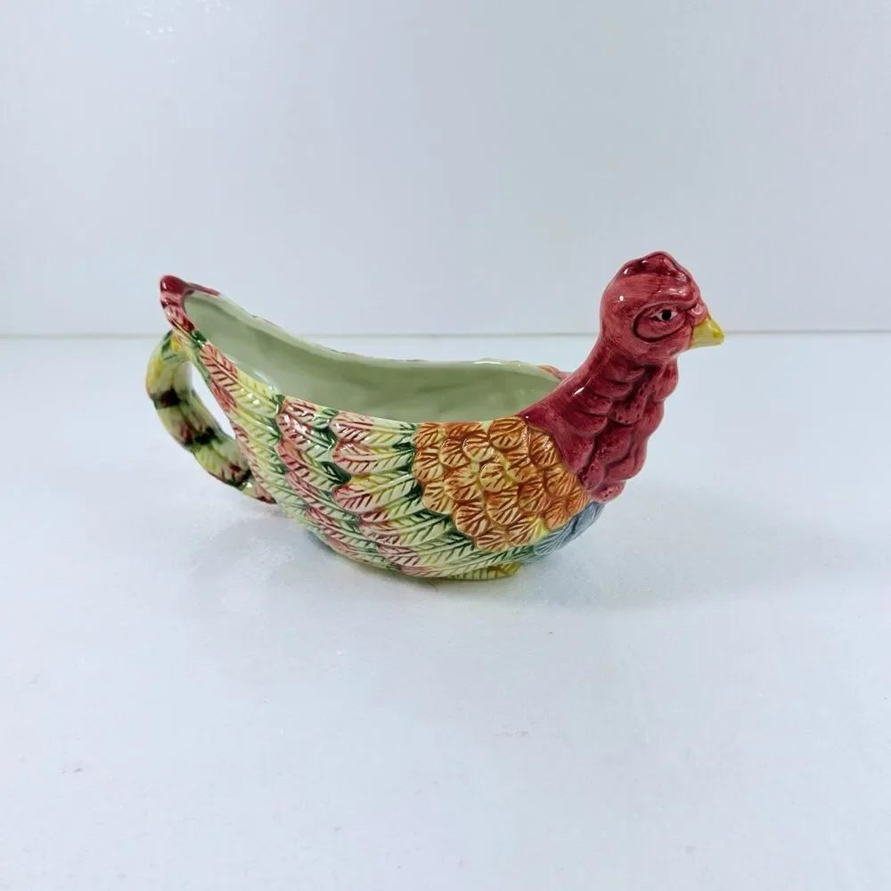 Ceramic Turkey Gravy Boat Thanksgiving Fall Table Decor Serving Dish Saucer